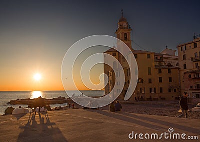 View of city of Camogli at sunset , Genoa Genova Province, Liguria, Mediterranean coast, Italy Editorial Stock Photo