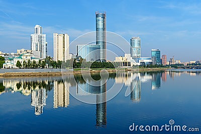 View of city center skyline and Iset river. Yekaterinburg. Russia Stock Photo