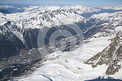 View of the city of Chamonix.Peak Aiguille du MidiFrance. Altitude: 3842 meters Stock Photo