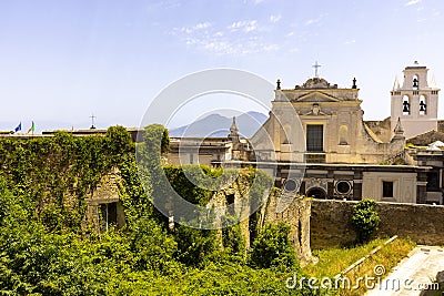 View of the city on Gulf of Naples and monastery Certosa di San Martino from Castel Sant'Elmo, Naples Italy Editorial Stock Photo