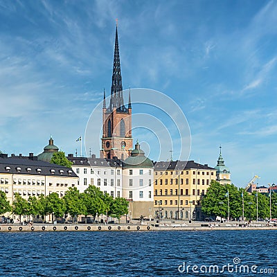 View from City Hall overlooking Riddarholmshamnen Island, with famous buildings and Riddarholmen Church tower, Stockholm Editorial Stock Photo
