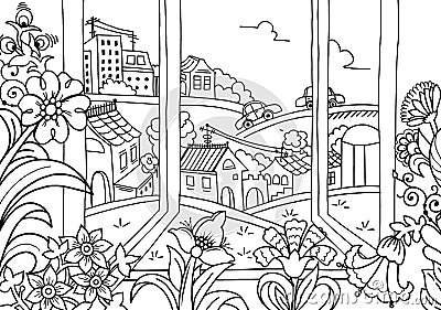 The view from the window illustration coloring Cartoon Illustration