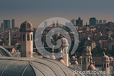 View of city Istanbul, Bosphorus bridge from Galata tower. Outer view of dome in Ottoman architecture. Stock Photo