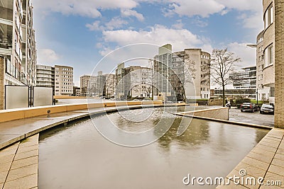 View of the city landscape and a small expanse of water Stock Photo