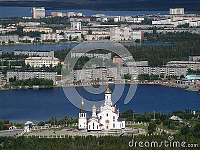 View of the city of Monchegorsk (Kola peninsula) from the top of the mountain Stock Photo