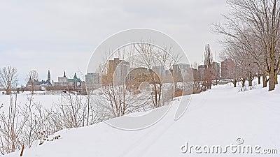 View on the city of Ottawa from the Sjam winter hiking trail along Ottawa river Editorial Stock Photo