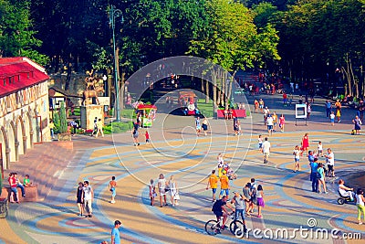 View of the city park from a bird`s eye view. Top view. Family relaxing Editorial Stock Photo