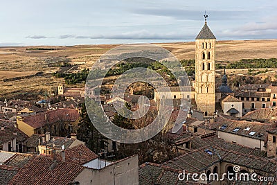 View of the city of Segovia from the Cathedral where you can see the tower of the Romanesque church of San Esteban Spain Stock Photo