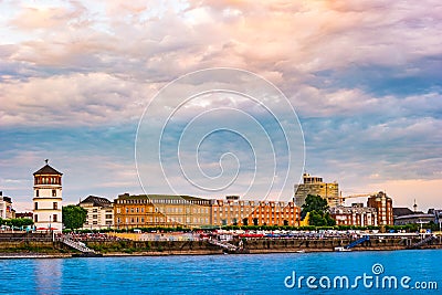 View at the city skyline central Dusseldorf from the rhine river, Dusselfdorf Germany Stock Photo