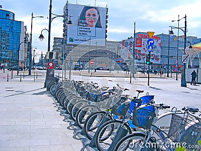 View of city street with bicycles. City life in Lodz Editorial Stock Photo