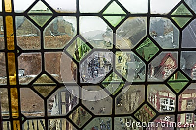 View of the city street through the old window Editorial Stock Photo