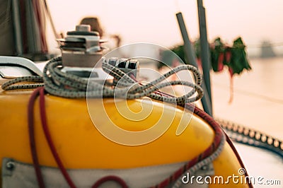 Close up yacht winches and ropes details. Stock Photo