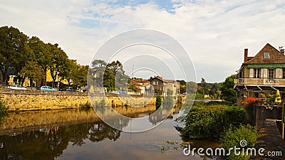 Cityscape of Figeac and river of Le Cele France Stock Photo
