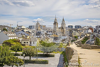 View on the cityscape of Lugo, with Roman fortified wall and cathedral Editorial Stock Photo