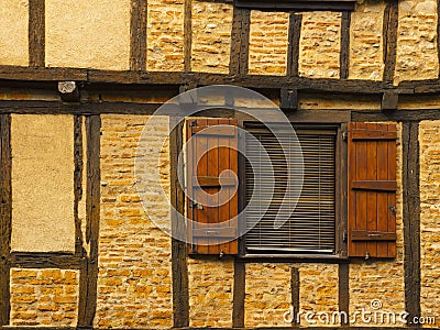 Cityscape of wood and bricks facade in Figeac France Stock Photo