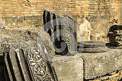 View of classical wall, and Byzantine marble fragment, Workshop of Pheidias, Peloponnes, Greece Stock Photo