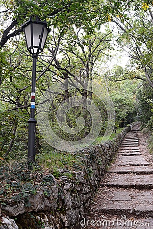 View of the cliff path, or sentiero della rupe. City of San Marino. San Marino Stock Photo