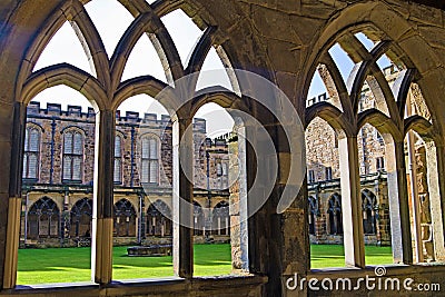 View of and through the cloisters, inside Durham Cathedral grounds. Stock Photo