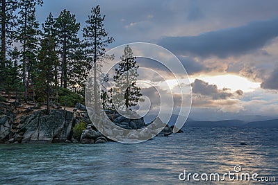 Sundown at Sand Harbor on Lake Tahoe Stock Photo