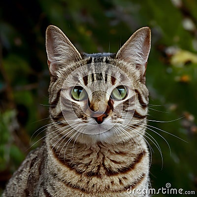 view Close up portrait of striped cat with green eyes and whiskers Stock Photo