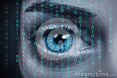 view Closeup human eye with digital binary code 3D rendering, symbolizing technological vision Stock Photo