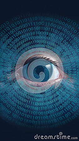 view Closeup human eye with digital binary code 3D rendering, symbolizing technological vision Stock Photo
