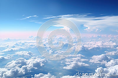 A view of the clouds from an airplane window. Blue cloudy sky, above the clouds Stock Photo