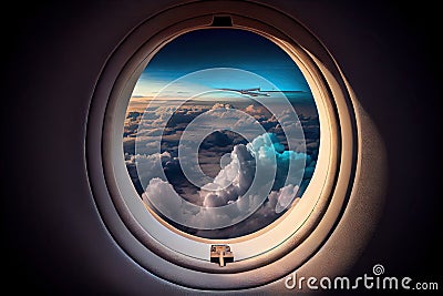 view of clouds and sky from the window of first-class airplane seat Stock Photo