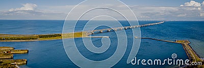 View from the coast of the island of Fyn, the Storebælt Bridge. Stock Photo