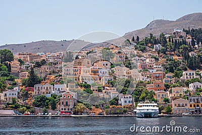 View of the coast of Symi island in summer day, Greece, Europe Editorial Stock Photo
