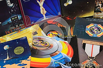 View on collection of ELO Electric Light Orchestra retro vinyl records Editorial Stock Photo