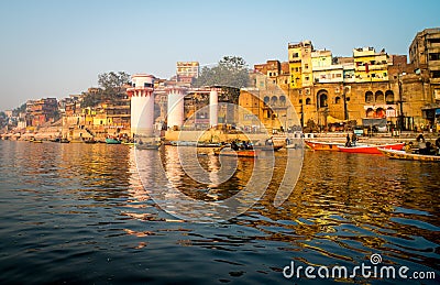 View of the colorful holy Indian city with Ganges river ghat in Varanasi.India Editorial Stock Photo