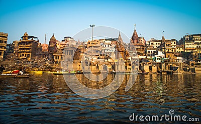 View of the colorful holy Indian city with Ganges river ghat in Varanasi.India Editorial Stock Photo