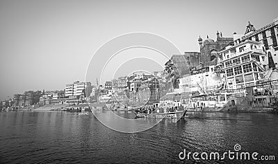 View of the colorful holy Indian city with Ganges river ghat in Varanasi.India Editorial Stock Photo