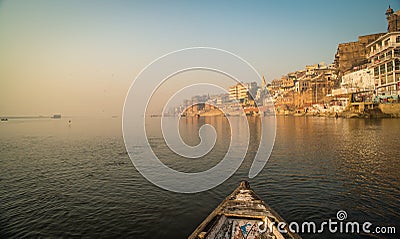 View of the colorful holy Indian city with Ganges river ghat in Varanasi.India Editorial Stock Photo