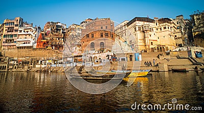 View of the colorful holy Indian city with Ganges river ghat in Varanasi.India Editorial Stock Photo