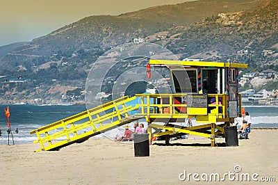 View of colorful lifeguard tower in Zuma beach, California. Editorial Stock Photo