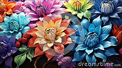 View of colorful, pink, blue, orange, yellow flowers. Flowering flowers, a symbol of spring, new life Stock Photo