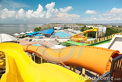 View from colorful slides in water park on day Stock Photo