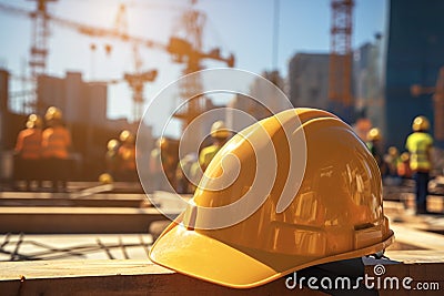 view Construction safety Safety helmet prominently displayed on a construction site Stock Photo