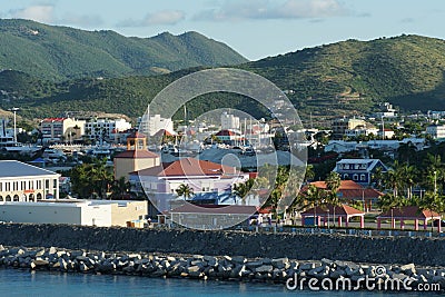 View from container terminal on Philipsburg on the Caribbean island of Sint Maarten, which is the Dutch part. Stock Photo