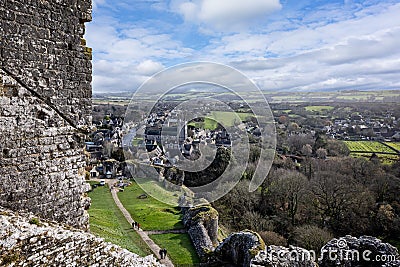 View of Corfe village and church from Corfe Castle in Corfe, Dorset, UK Editorial Stock Photo