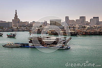 Dhows in Doha moored in the Persian Golf, Qatar. Editorial Stock Photo