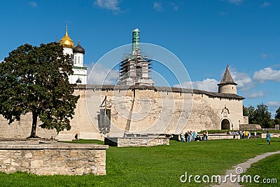 Pskov, Russia, September 6, 2024. Dovmont’s sword on the wall of an ancient fortress. Editorial Stock Photo
