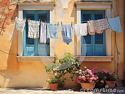 view of the courtyard where the laundry is hung out in front of two windows and large vases with flowers Stock Photo