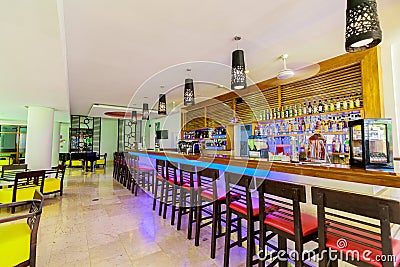 view of cozy gorgeous lobby bar with modern comfortable chairs and tables at Grand Aston hotel, nice relaxing atmosphere Editorial Stock Photo