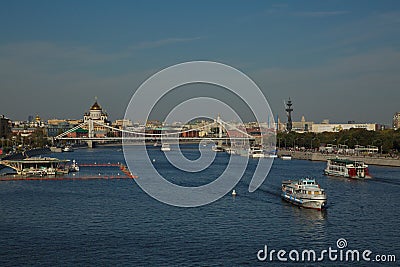 View of the Crimean Bridge and the Cathedral of Christ the Savior. Editorial Stock Photo