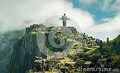 View of the Cristo Rei statue on the Madeira island Stock Photo