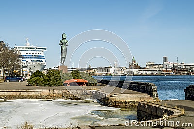 View of the cruise ferry and the Monument of peace between Finland and the USSR in Helsinki. Editorial Stock Photo