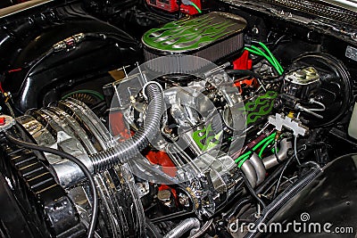 Custom Engine with Green Flames Design Stock Photo